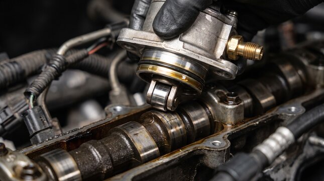 Close-up of a mechanic replacing a high-pressure fuel pump on a car engine, exposing the camshaft. Automotive repair, maintenance, and diagnostics.