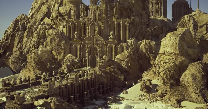 hidden oasis stronghold nestled in rock, narrow stair ramps and balustrades descending into sheltered courtyard, subtle shadows, textured golden stone, tranquil