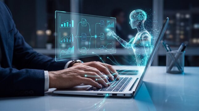 Professional Working with Artificial Intelligence Concepts in Modern Office Setting