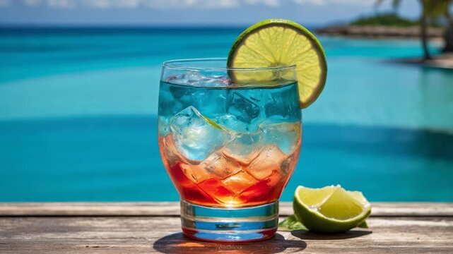Alcoholic cocktail background swimming pool, summer drink fruit on vacation sea ocean AI Generative