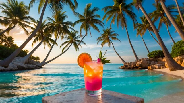 Alcoholic cocktail background swimming pool, summer drink fruit on vacation sea ocean AI Generative