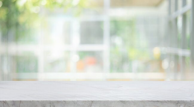 Selective focus.Pproduct display background with marble top with big glass wall
