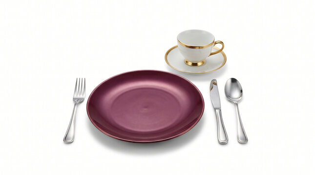 Festive dinnerware set with burgundy plate, white cup, gold trim, and silver cutlery arranged on white background, creating elegant holiday setting