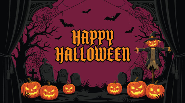 A spooky halloween background featuring a graveyard with glowing jack o lanterns bats and a dark purple sky for holiday party decorations