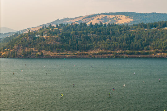 Aerial view of windsurfers on the Columbia River near Hood River, Oregon, United States.