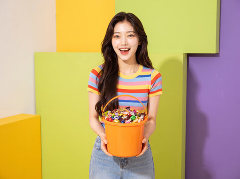 Lifestyle photography young woman holding orange halloween candy bucket in colorful geometric studio portrait