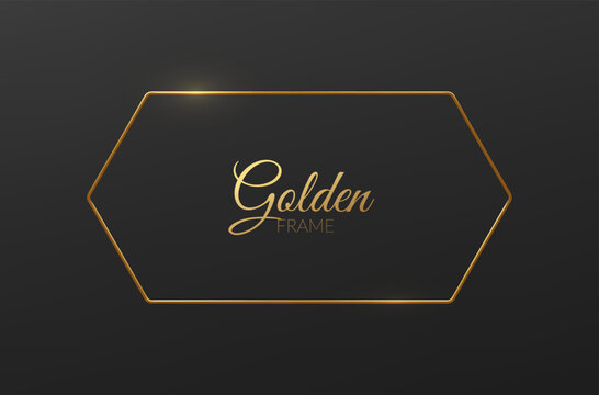 Golden 3d line thin frame isolated on dark background. Elegant metal border element.