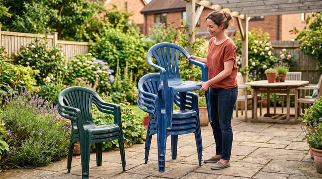 Young woman stacking plastic chairs in a garden during the day  