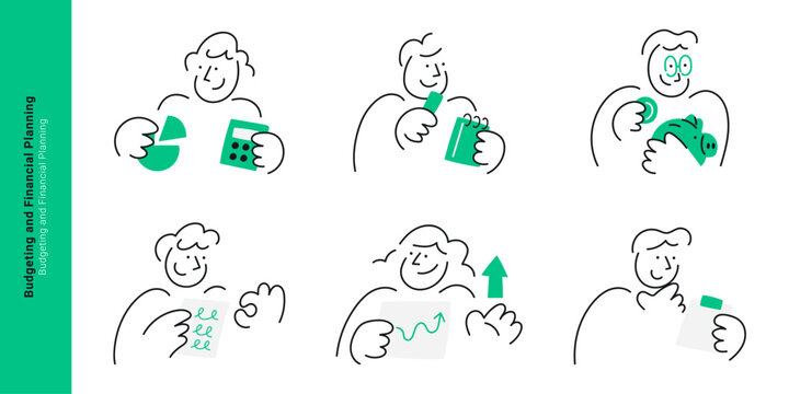 Personal budgeting and financial planning concepts. Doodle line characters holding calculator, saving money in piggy bank, checking report, and analyzing growth chart.