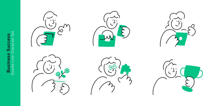 Business success and achievement concepts. Doodle line characters holding trophy award, puzzle piece solution, growing plant, briefcase, and mobile phone.