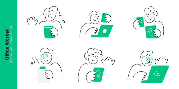 Office worker and business routine concepts. Doodle line characters working on laptop, using smartphone, holding document, and waving hand.