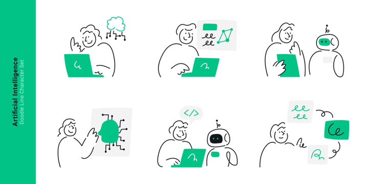 Artificial intelligence and human collaboration concepts. Doodle line characters working on laptop with robot, cloud computing, neural network, and coding.