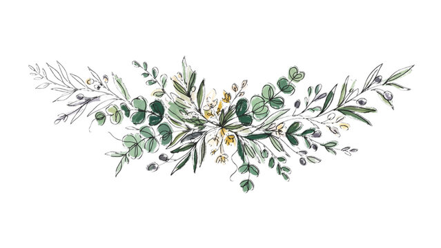 Olive and Eucalyptus Floral Swag Continuous Line Art Vector Element with Green Color Accents, Botanical Foliage Isolated on Transparent Background