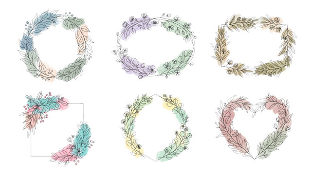 Eucalyptus Floral Frame Continuous Line Art Vector Set with Green Leaves and Branches, Botanical Decorative Elements Isolated on Transparent Background
