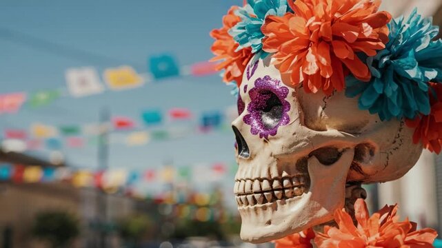 Side view of decorative skull with orange and blue flowers for Day of the Dead