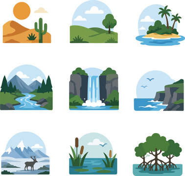 Nature landscapes and natural biomes vector illustration set.