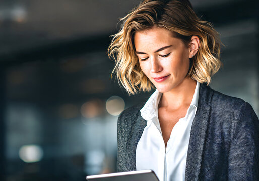 Confident businesswoman smiling use laptop in modern corporate office at night.