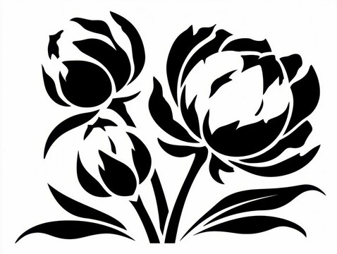 black and white floral graphic illustration of peony flowers blooming with leaves isolated on white background stencil linocut silhouette monochrome plant print decorative  artwork design