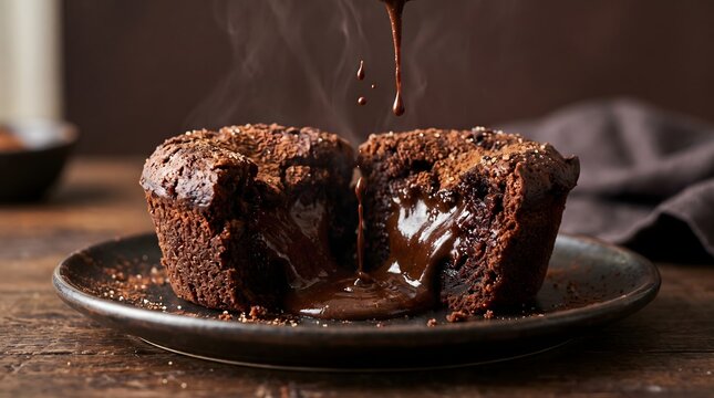 Rich chocolate muffin split open with molten center oozing onto dark plate steam rising from warm dessert on rustic wooden surface with soft lighting