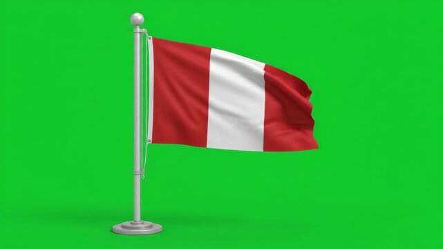 Peruvian flag waving proudly on a flagpole against a vibrant green screen background, symbolizing national pride and sovereignty.