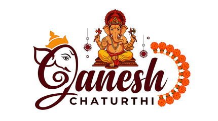 Fototapeta premium Flat illustrated Ganesh Chaturthi typography PNG with orange garland, red turban, and yellow dhoti, isolated on transparent background for festive design