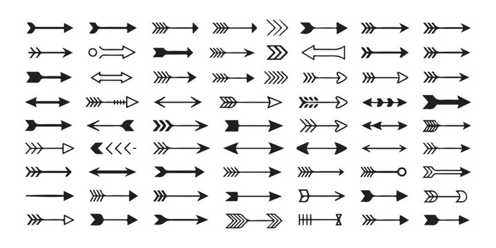 Rustic bohemian tribal arrow vectors set with hand drawn black details on transparent background.