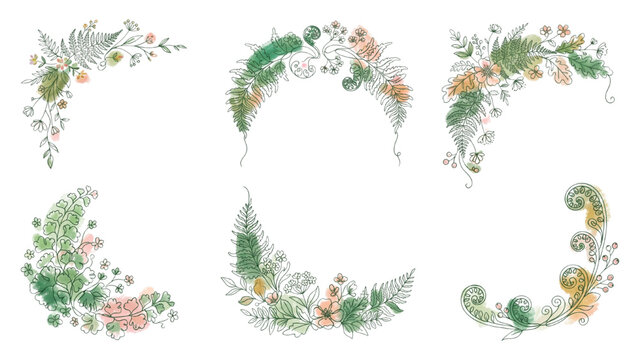 Elegant Green Fern Floral Corner Frame Continuous Line Art Vector Set with Color Accents, Botanical Foliage Isolated on Transparent Background