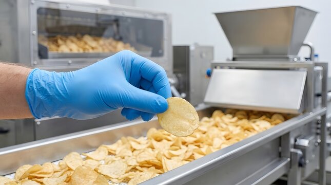 Worker Holding Potato Chip Quality Check Food Factory Production Line