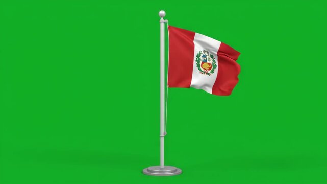 Peruvian national flag waving proudly on a flagpole against a vibrant green screen background, symbolizing national identity and pride.