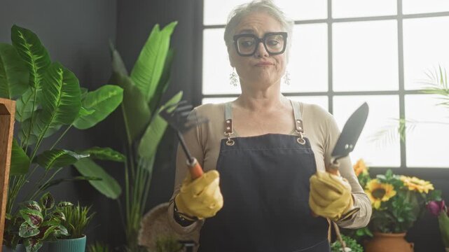 Woman gardener holds trowel and cultivator with gloved hands by potted sunflowers at a studio window, wearing apron and glasses; calm concentration.