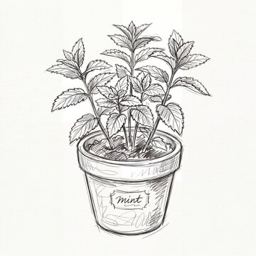 Hand drawn pencil sketch of mint plant in ceramic pot