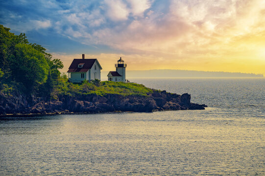 Colorful Sunset over Curtis Island Lighthouse in Camden, Maine, USA
