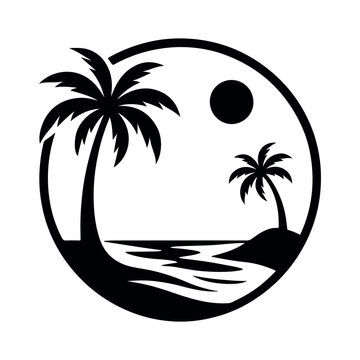 Black and white tropical beach scene inside a circle silhouette vector with palm trees summer vacation nature landscape white background travel logo round frame