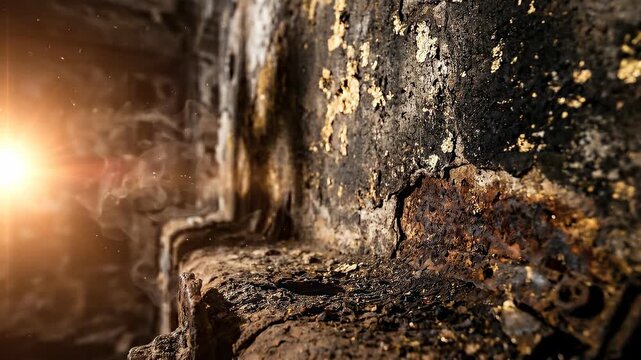 Cinematic horror background with heavy dirt in gold tones, light leak overlay ideal for optimism branding, motion graphics design projects