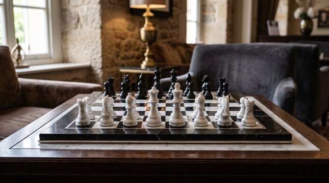 Elegant marble chessboard in luxury hotel lounge, classic chess set on wooden table, sophisticated interior with stone walls