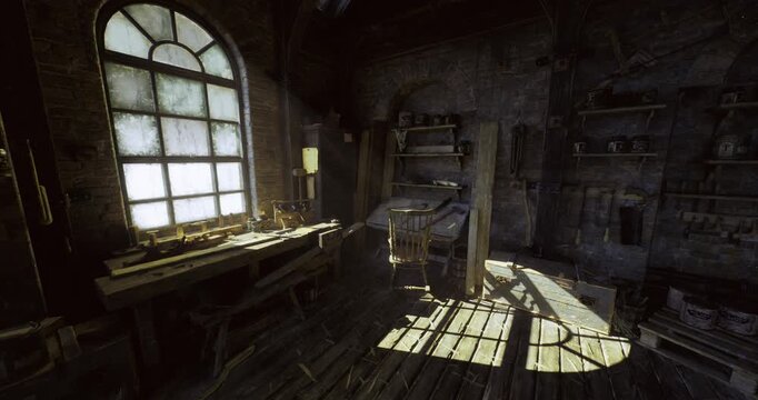 period workshop film set under dramatic window light with staged benches, prop wheels and hand tools, cinematic sepia tones and controlled vintage atmosphere