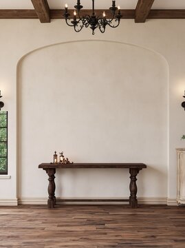 Beautiful Elegant Interior With Blank Wall and Wooden Furniture