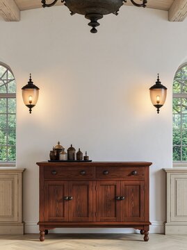 Beautiful Elegant Interior With Blank Wall and Wooden Furniture