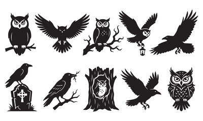 Fototapeta premium Collection of black owl and raven silhouettes in various poses, including perched on branches, flying, and on a tombstone, isolated on a white background, for halloween