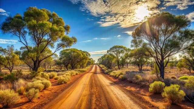 Sunlit dirt road through dry australian bush midday