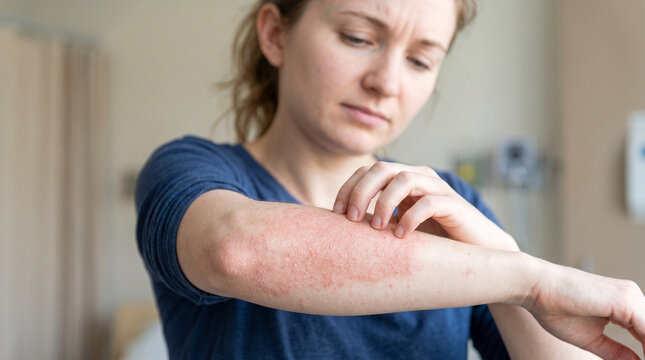Young woman suffering from itching on her skin and scratching an itchy place. Allergic reaction to insect bites, dermatitis, food, drugs. Health care concept. Allergy rash