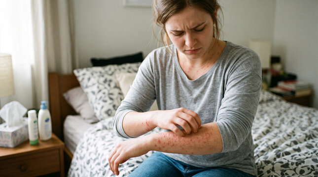 Young woman suffering from itching on her skin and scratching an itchy place. Allergic reaction to insect bites, dermatitis, food, drugs. Health care concept. Allergy rash
