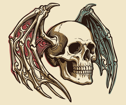 Hand drawn vintage skull with demon bat wings illustration in tattoo style