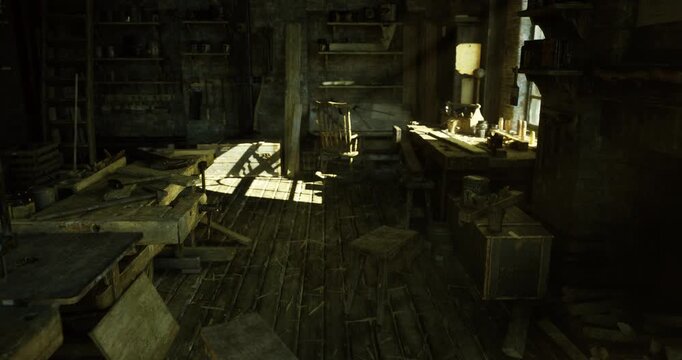 moody candlelit workshop bench with candles and lantern glow, warm amber highlights on tools and jars, soot and wax traces on wooden surfaces, intimate