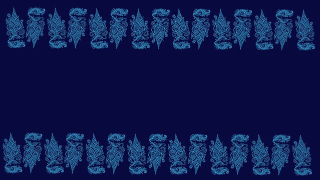 Batik blue traditional floral border frame vector illustration, ornate paisley pattern background banner with copy space on dark blue background