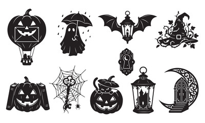 Fototapeta premium Collection of black silhouette halloween featuring a pumpkin hot air balloon, ghost with umbrella, bat lantern, witch hat, spider web with key, cat in pumpkin, and gothic archway