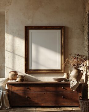 Beautiful Cozy Interior With Wooden Furniture and Framed Wall Art Mockup
