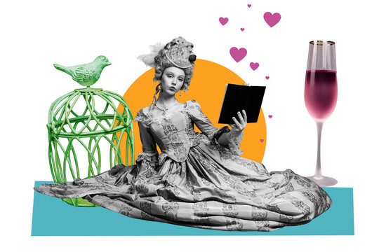 Exclusive art banner collage of serious princess girl hold book champagne glass toast drink parrot birdcage castle heart