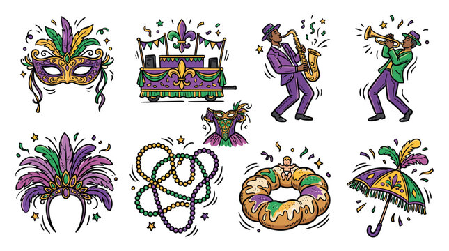 Minimal  Mardi Gras Silhouette Vector Set with Carnival Floats Jazz Musicians Costumes and Festival Traditions
