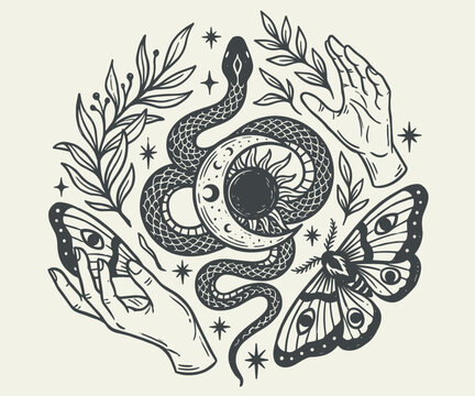 Esoteric mystical illustration with snake crescent moon sun hands and moths in vintage style